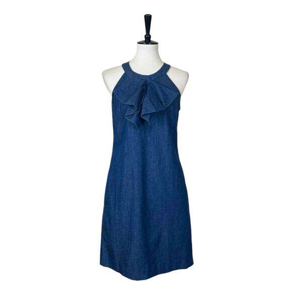 Banana Republic New Dress Denim Blue Jean Ruffle Neck Halter Top Women’s Size 4 - Picture 1 of 14